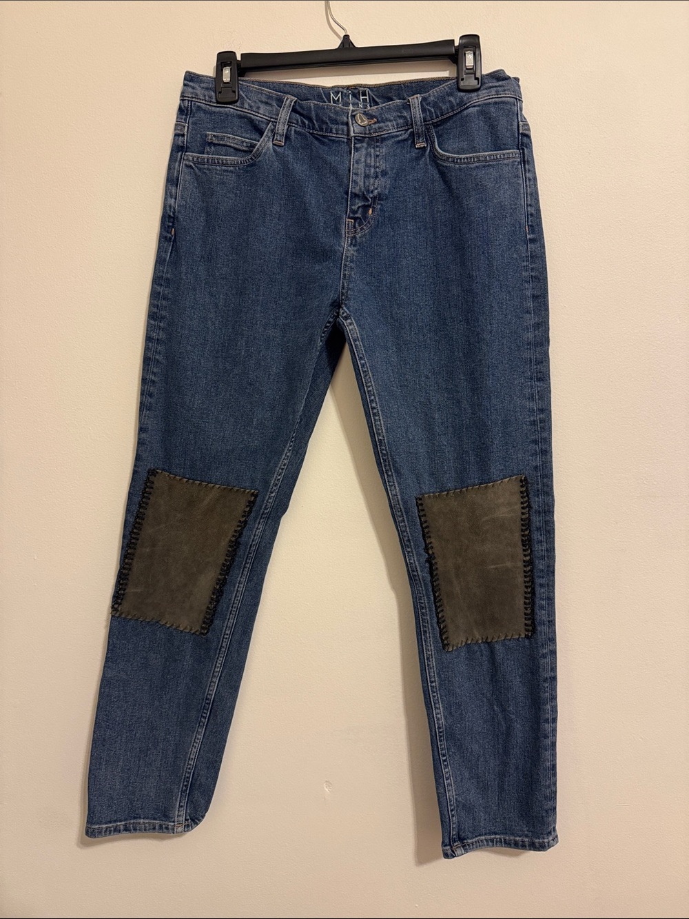 Women's Dark Blue Boyfriend Jeans with Olive Knee Patches